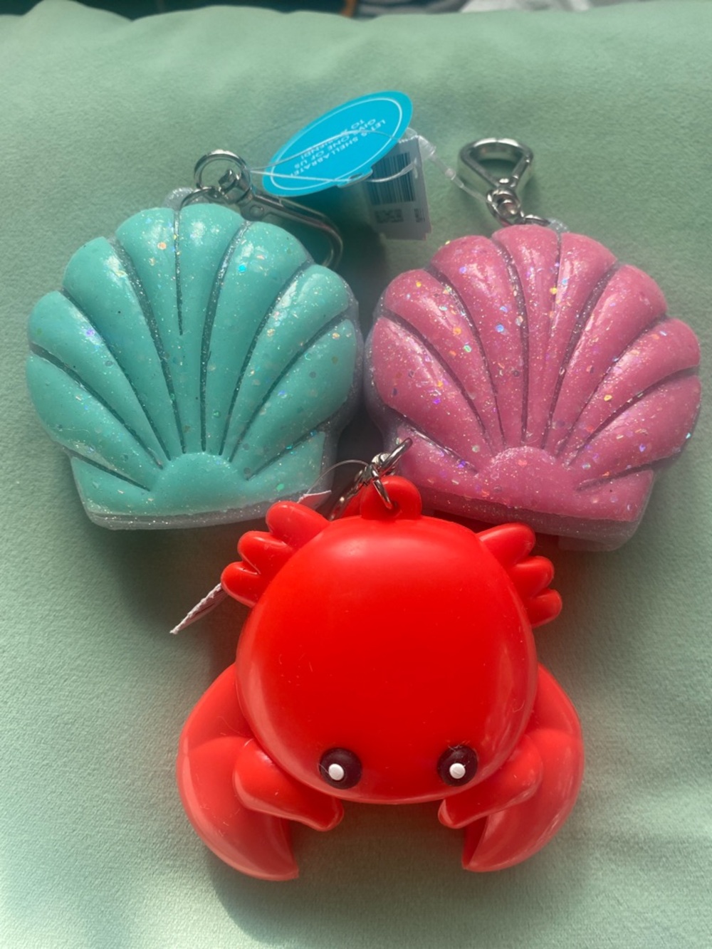 Cute Shell & Crab hand sanitizer holder Trio - Pink, Teal, Red
